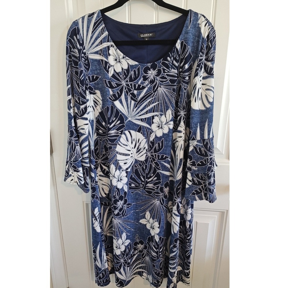 Women Size 16 Glamour Tropical Floral Navy Blue Bell Sleeve Shift Dress
